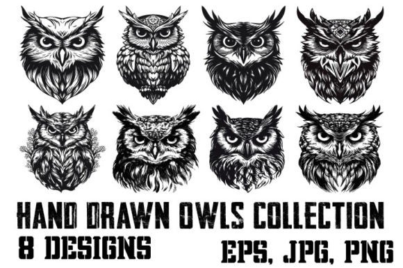 Hand-Drawn Decorative Owls Set for Creative Projects